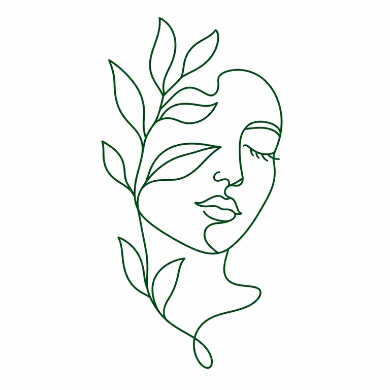 Minimalist one-line art T-shirt design of a woman’s face with leaves