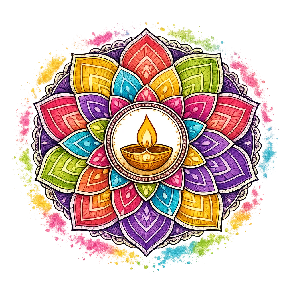 Colorful lotus mandala T-shirt design with a diya lamp, transparent background