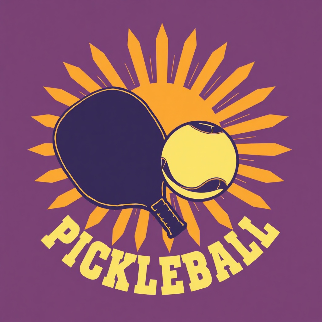 Retro pickleball T-shirt design with a paddle, ball and sunburst on purple