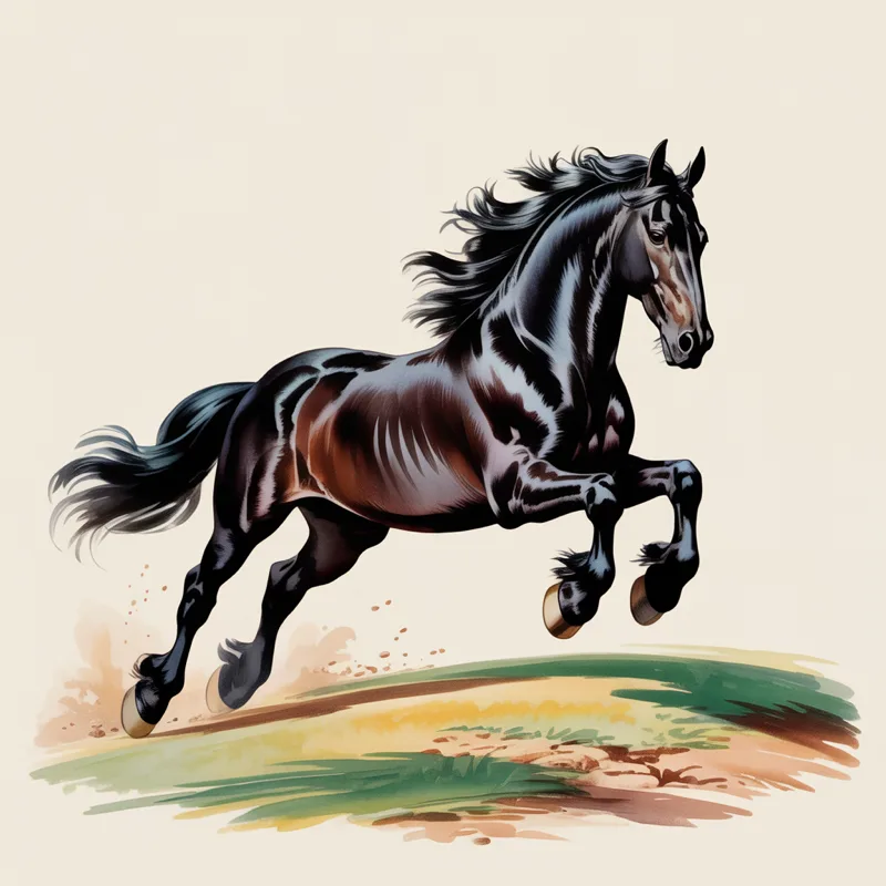 Painterly T-shirt design of a black horse galloping across a field
