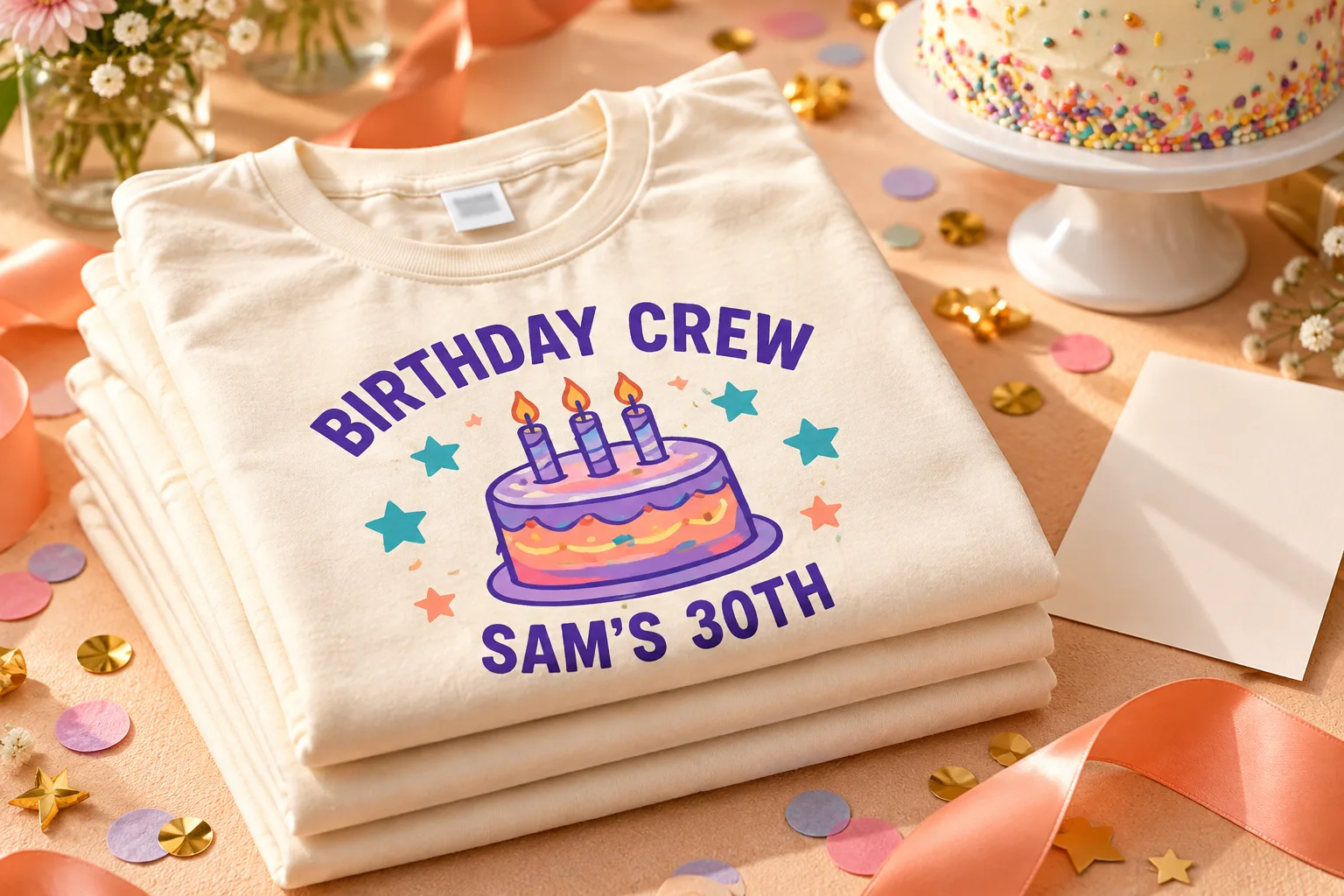 Stack of “Birthday Crew” shirts next to a birthday cake