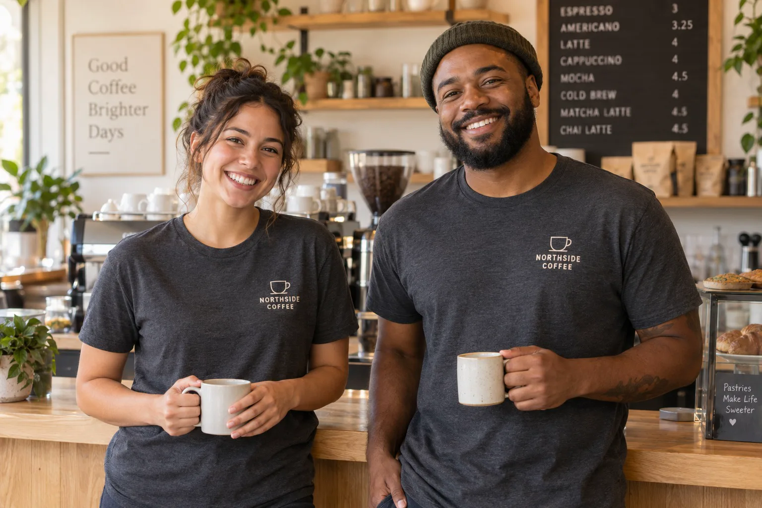 Two café baristas wearing matching branded T-shirts