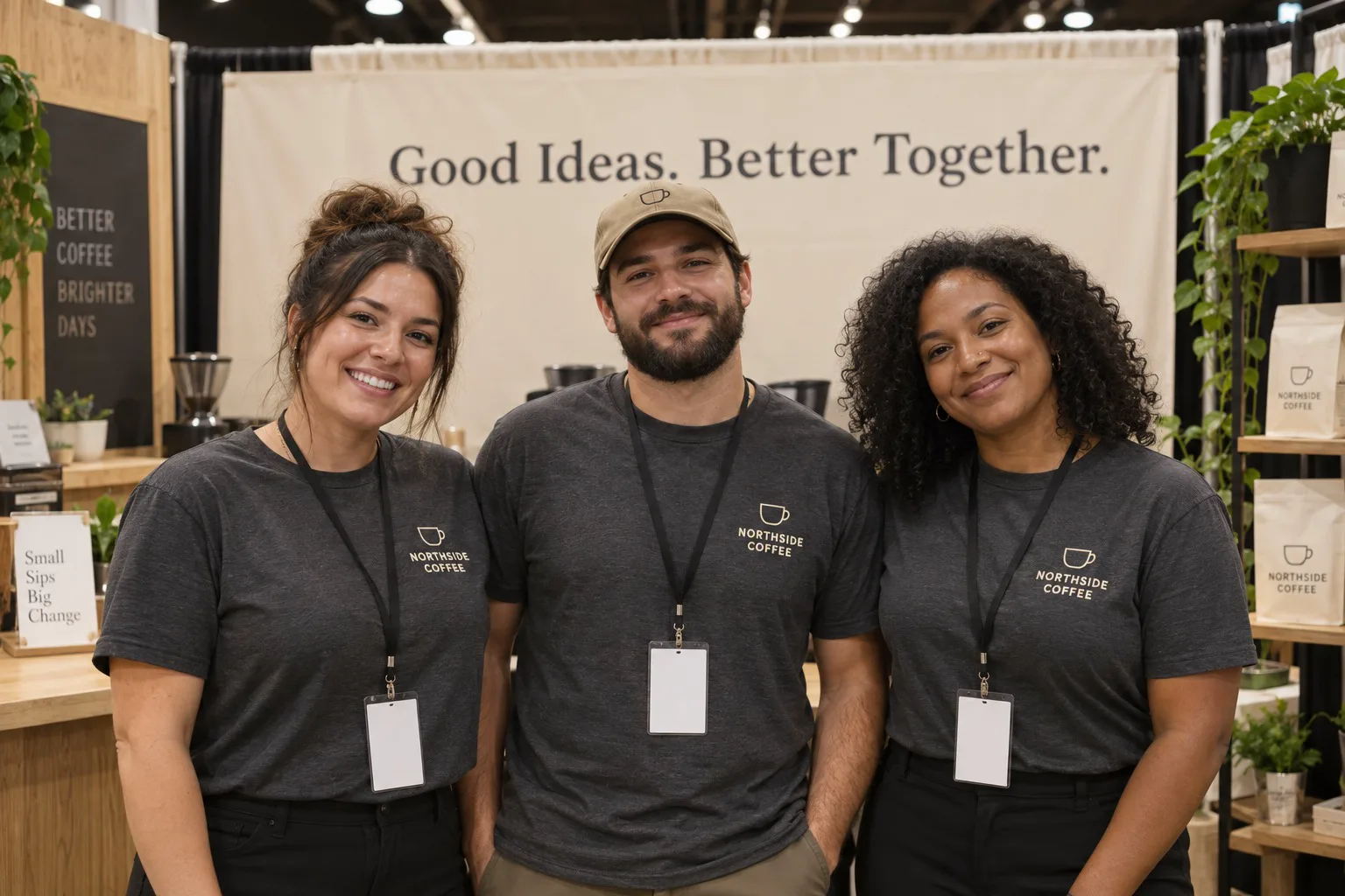 Three staff members in matching T-shirts at an event booth