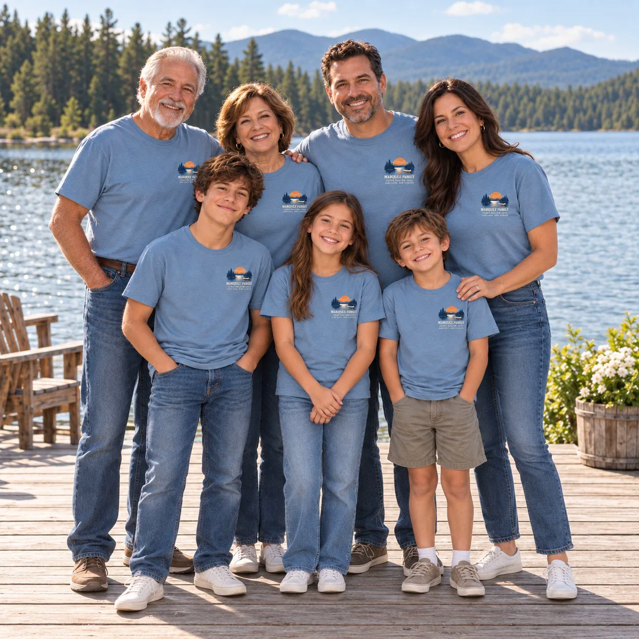 Three generations of a family in matching blue T-shirts on a lake dock