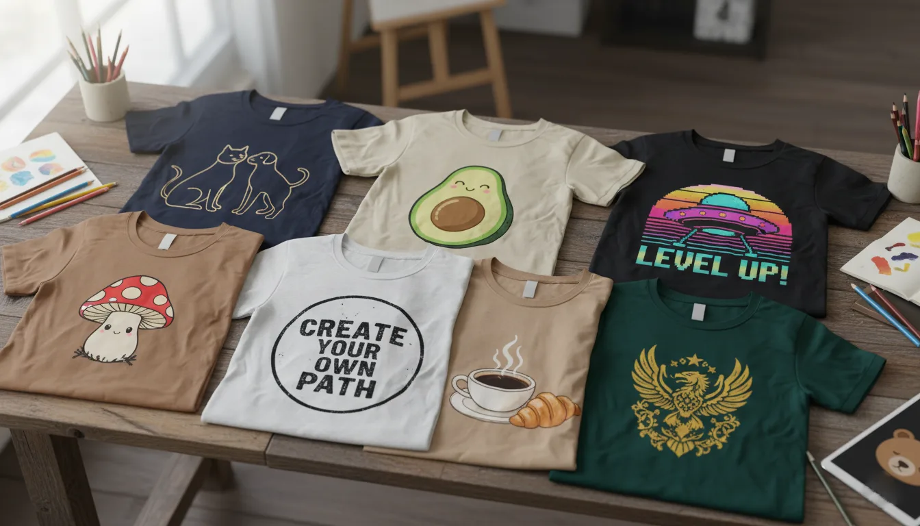 Table of printed T-shirts with different designs, ready for an online store